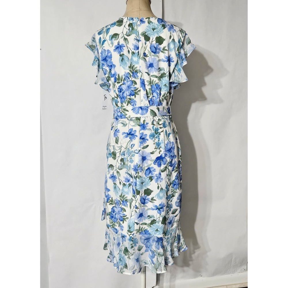 Shelby & Palmer Blue Floral Faux Wrap Ruffle Belted Sheath Dress - Picture 2 of 12